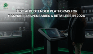 Futuristic AI budtender kiosk helping customers inside a modern cannabis dispensary retail store with virtual cannabis recommendations and interactive touchscreen technology.