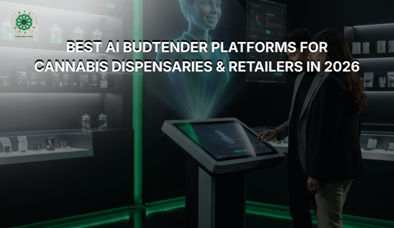 Futuristic AI budtender kiosk helping customers inside a modern cannabis dispensary retail store with virtual cannabis recommendations and interactive touchscreen technology.